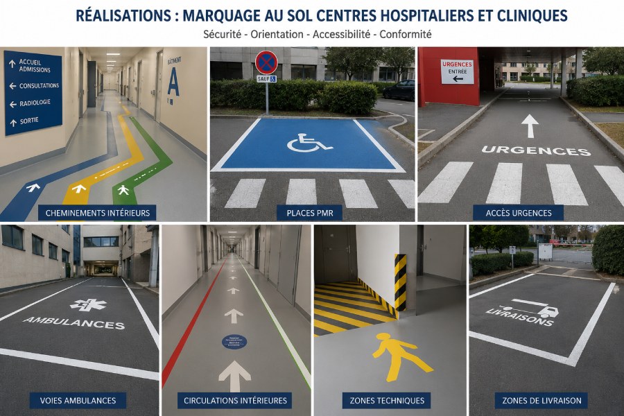 R&eacute;alisation de marquage au sol pour centre hospitalier, clinique et &eacute;tablissement de sant&eacute; en &Icirc;le-de-France : guidage pi&eacute;tons, acc&egrave;s urgences, places PMR, voies ambulances et signalisation de s&eacute;curit&eacute;.